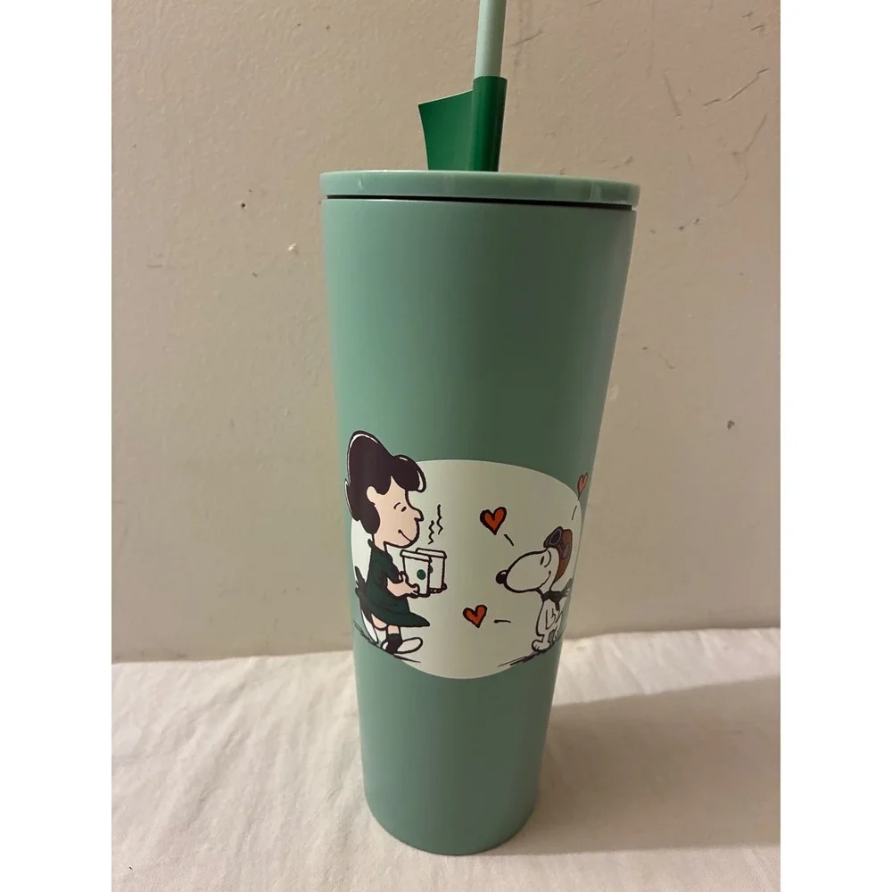 Starbucks Peanuts Snoopy Lucy Cold Cup Tumbler 24oz Sage Green Stainless Steel
